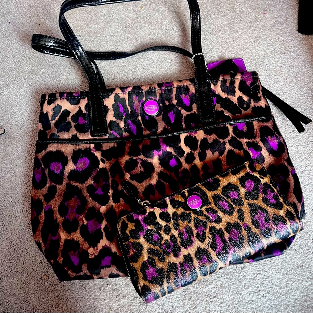 Coach Purple Leopard Shoulder Bag with Leather Zip Around Matching Wallet